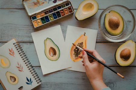 An artist's hand holding a brush, painting avocado and papaya fruits on paper with watercolor paints...