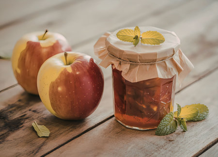 A jar of homemade apple jam with fresh apples and mint leaves on a wooden table