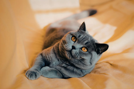A British Shorthair cat with a grey coat and yellow eyes lies on a yellow blanket, looking directly...