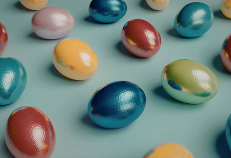 A collection of shiny, colorful Easter eggs on a light blue surface