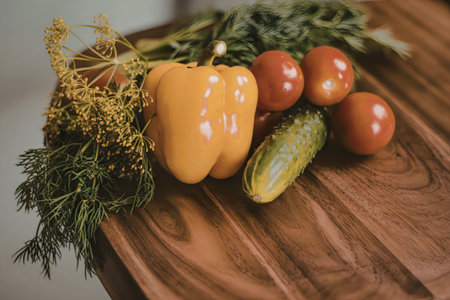 A selection of fresh vegetables including a yellow bell pepper, cucumber, tomatoes, and herbs on a...