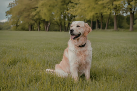A golden retriever dog sitting in a lush green field with trees in the background.