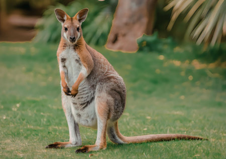 A kangaroo stands on green grass with trees in the background