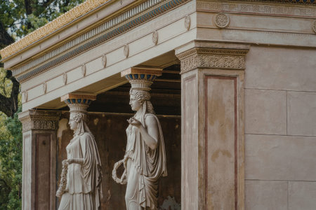 Ancient stone statues of women wearing traditional dresses under a building archway, outdoor setting with greenery.