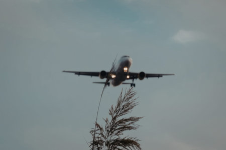 A commercial airplane flying low over tall grass with cloudy sky background.