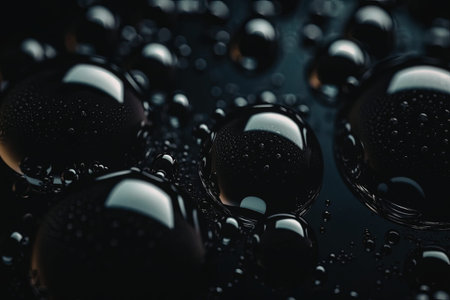 The image showcases a captivating close-up of water droplets on a dark surface, highlighting the intricate details and reflections within each droplet.