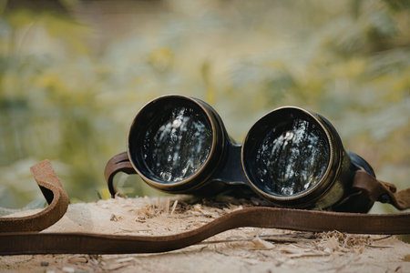 A pair of old binoculars with worn leather straps sitting on a rocky surface amidst a natural setting.