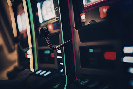 a close-up shot of a slot machine with a metal lever and colorful lights. The background is blurred but appears to be a casino with multiple slot machines.