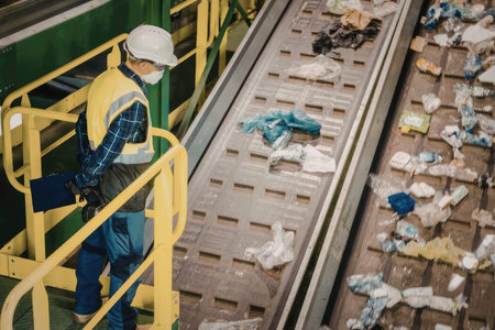 a man wearing a white hard hat, safety glasses, a white face mask, a yellow safety vest, a blue plaid shirt, and blue pants stands on a yellow platform overlooking a conveyor belt with trash on it