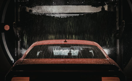 The image shows a red car positioned in a car wash tunnel, with water spraying down on it. The vehicle is centered in the frame, facing away from the camera, and is covered in soap suds. The car wash tunnel is dark, with a red light on the left side and a large circular opening through which the car is visible. Water droplets are scattered across the car's surface, and the background is a blur of green and white, suggesting the car wash's machinery and water jets.