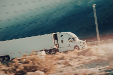 a large white semi truck is driving down a road with a dark cloudy sky in the background and a telephone pole on the right side of the image. the truck is in motion, suggesting it is traveling at a high speed.