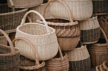 The image showcases a diverse assortment of wicker baskets, differing in size, shape, and color, stacked together to form a visually appealing display.