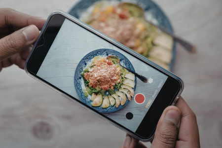 A person taking a photo of a plate of food with a smartphone, the food consists of a protein, vegetables, and sauce, all presented on a blue plate.