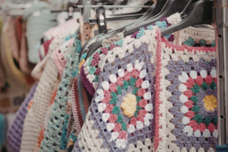 A colorful array of crochet clothing items hangs on a rack, showcasing intricate patterns and bright hues.