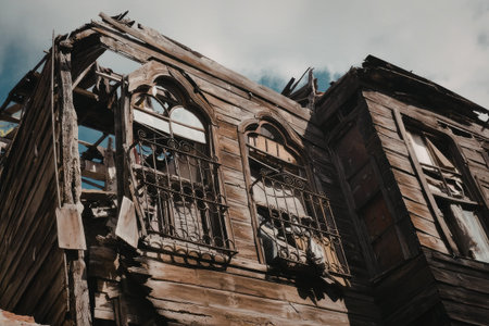 The image shows a low-angle view of a severely damaged building with burnt and broken windows, and a missing roof, set against a cloudy sky.
