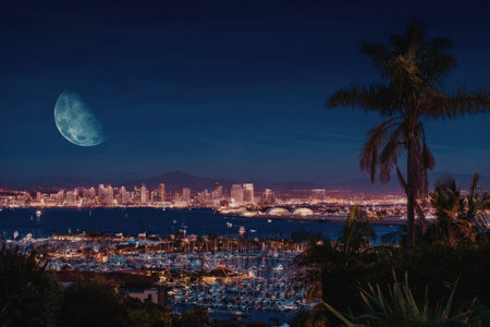 a city skyline at night with a large moon in the sky and a palm tree in the foreground. the city has many buildings and a large body of water with boats docked in the marina. the sky is dark blue and purple with a few clouds.