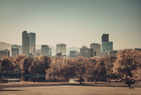 a city skyline with many tall buildings and a park in the foreground. the park has several trees with orange leaves and a body of water. there are people walking around the park.