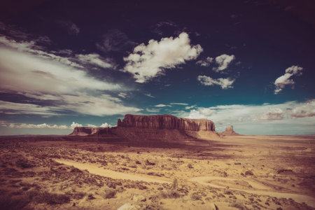 a desert landscape with a large rock formation in the background and a dirt road in the foreground