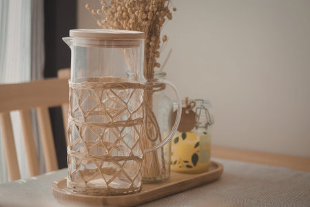 A glass jar with a woven cover sits on a wooden tray alongside a small pitcher, on a table with a chair and window in the background.