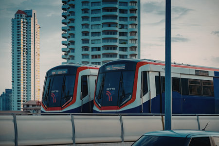 A sleek, modern train with blue and red accents travels along an elevated track, set against a backdrop of tall buildings in a bustling cityscape.