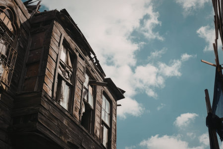 A low-angle shot of the corner of an old brick building with a blue sky and white clouds in the background.