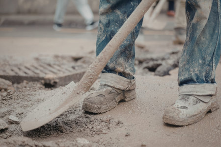 A construction worker is using a shovel on a construction site, wearing dirty jeans and shoes.
