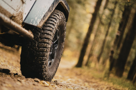 The image shows a close-up of a car tire on a dirt road in a wooded area. The tire is muddy and has a thick tread. The road is covered with yellow leaves and the background is blurry with trees and greenery.
