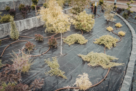 a garden with various plants and trees on a black tarp with irrigation system