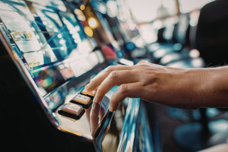 a person's hand on a slot machine with buttons and a screen in a casino setting