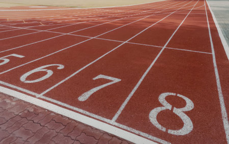 a close-up view of a red running track with white lines and numbers painted on it, the numbers 6, 7 and 8 are visible on the track, the track is surrounded by a brick walkway and a grassy field