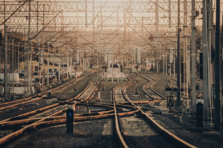 a large train yard with multiple tracks and overhead power lines. the tracks are made of metal and have orange lines along the side. there are several trains and train cars in the background. the sky is yellow and orange, suggesting that the photo was taken during sunrise or sunset.