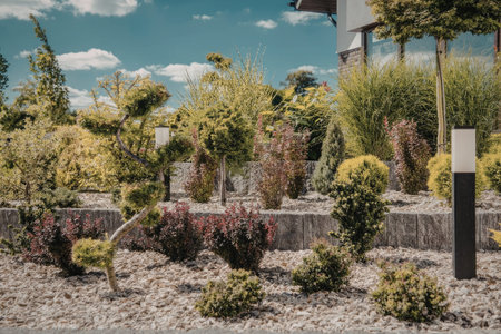 this image shows a beautifully landscaped garden with a variety of plants and trees the garden is covered in small rocks and features several small trees and bushes of different shapes and sizes there are also two modern outdoor light fixtures in the garden the background shows a blue sky with white clouds and a partial view of a building