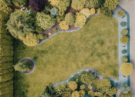 an aerial view of a garden with a large green lawn surrounded by various plants and trees. the lawn is bordered by a stone wall and a brick pathway. there are several small trees and bushes planted around the garden, adding to its beauty.