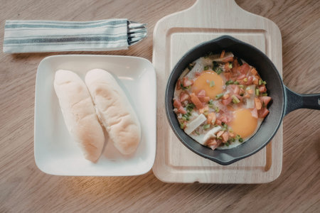 a plate of bread and a pan of eggs and vegetables on a wooden table