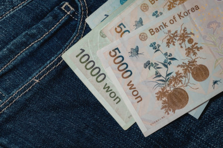 The image shows a close-up of Korean banknotes in denominations of 10,000 won and 5,000 won placed on a denim fabric background.