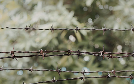 a close-up shot of barbed wire with multiple strands and sharp points, set against a blurred green background with sunlight filtering through leaves