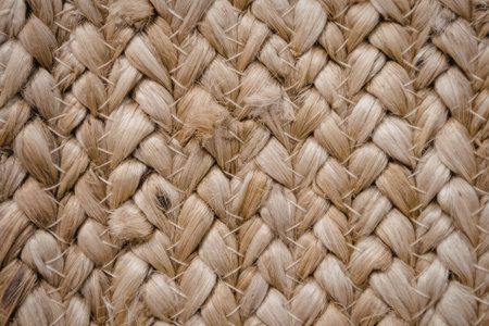 The image shows a detailed view of a woven surface made from natural fibers. The fibers are light brown in color and are woven together in a pattern. The image highlights the texture and detail of the woven material.