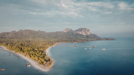 an aerial view of a tropical beach with a long pier extending into the calm blue waters, surrounded by lush greenery and mountains in the background