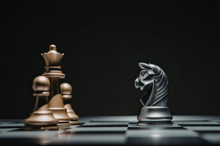 A chessboard with a gold king and queen chess piece on the left and a silver knight chess piece on the right on a black and white checkered board