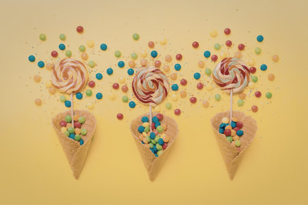 Three ice cream cones filled with colorful sweets and topped with swirly lollipops on a bright yellow background