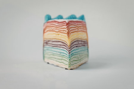 A vibrant and visually appealing image of a layered cake with a rainbow of colors, topped with blue frosting. The cake is cut at an angle, showcasing its multi-colored layers.