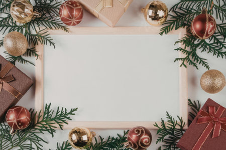 A festive Christmas frame adorned with gifts, ornaments, and evergreen branches on a white background.