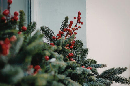 Closeup of Christmas tree branches with red berries on a white background