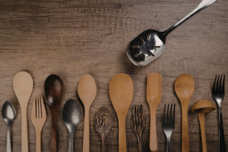 A neatly arranged row of wooden and metal spoons and forks on a wooden table, showcasing a mix of textures and materials.