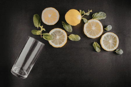 An arrangement of sliced lemons, whole lemon, and mint leaves next to a clear glass on a dark surface.