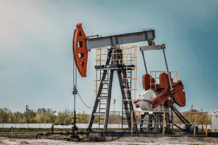 An oil pump jack operating in a field with a clear blue sky and trees in the background.