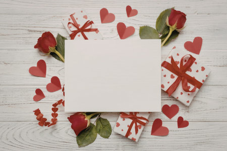 A romantic arrangement of gifts, roses, and hearts on a wooden background