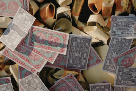 Vintage lottery tickets scattered on colorful ribbon background