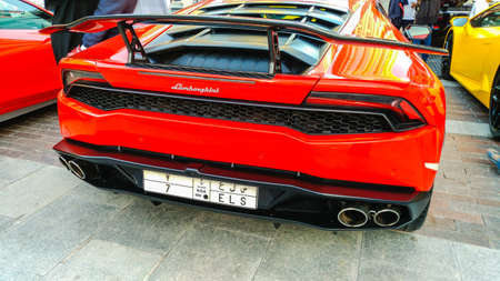 Dubai, United Arab Emirates, Junuary 20th, 2020 : Luxury sports cars at downtown Dubai next to Burj Khalifa, United Arab Emiratesのeditorial素材