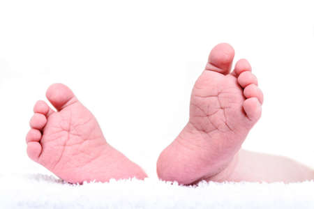 Newborn feet close up on white background. Baby body hand concept.の写真素材